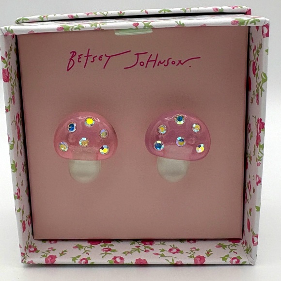 Betsey Johnson Pink Mushroom Crystal Earrings with Rhinestones NIB - Picture 2 of 5